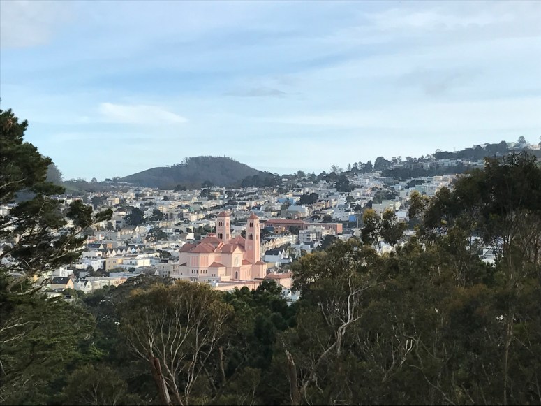 view with pink church